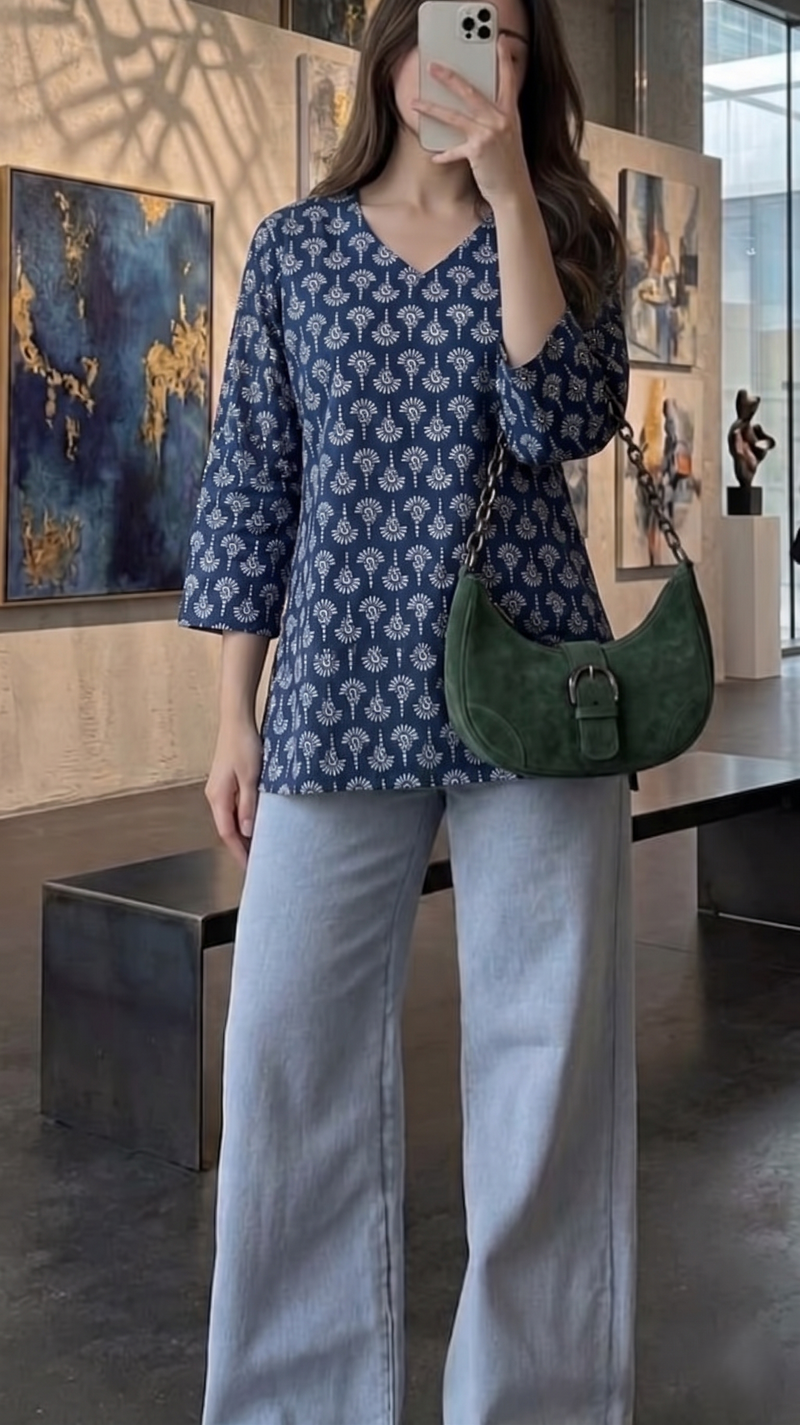 Navy Blue White Paisley Booti Printed 3/4 Sleeves V-Neck Short Kurti