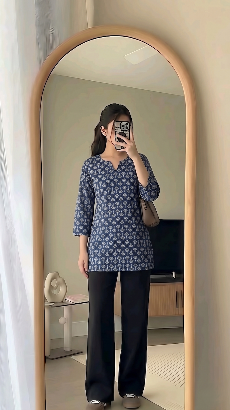 Navy Blue White Paisley Booti Printed 3/4 Sleeves V-Neck Short Kurti