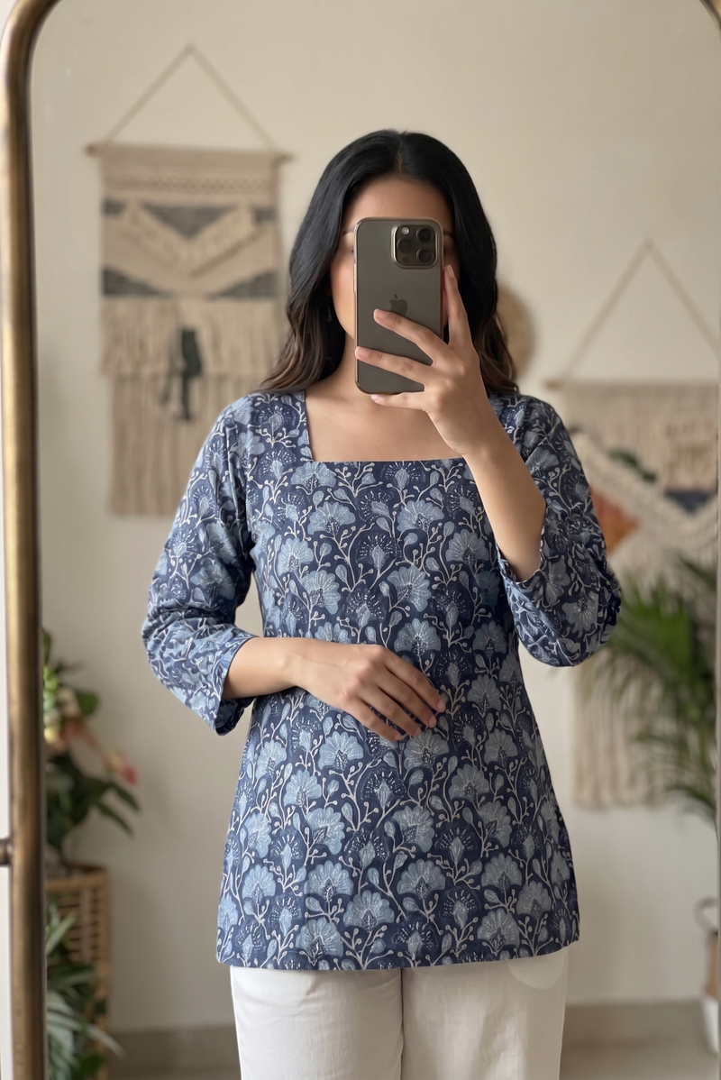 Navy Blue Floral Printed 3/4 Sleeves Square Neck Short Kurti