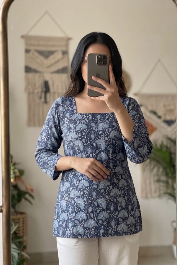 Navy Blue Floral Printed 3/4 Sleeves Square Neck Short Kurti