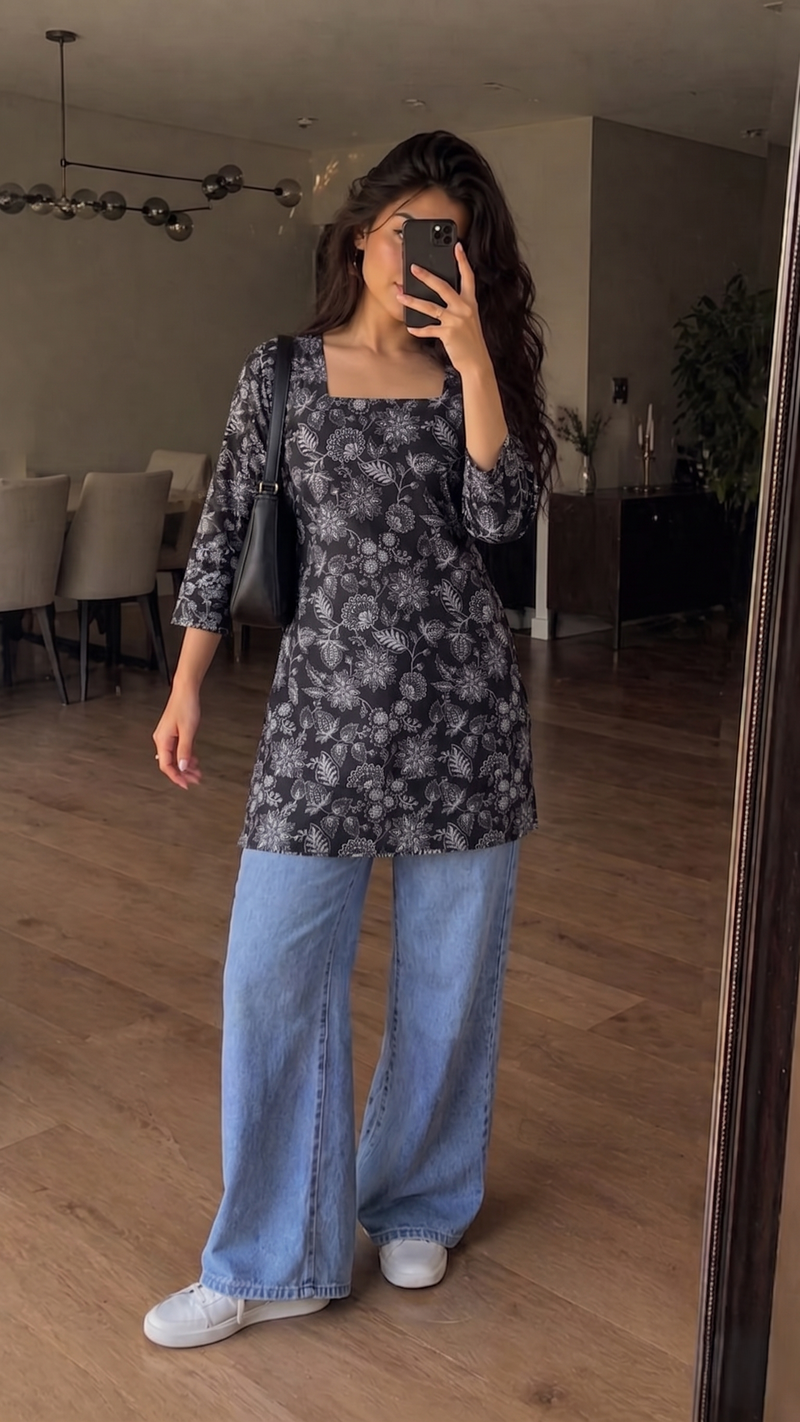 Black White Floral Printed 3/4 Sleeves Square Neck Short Kurti