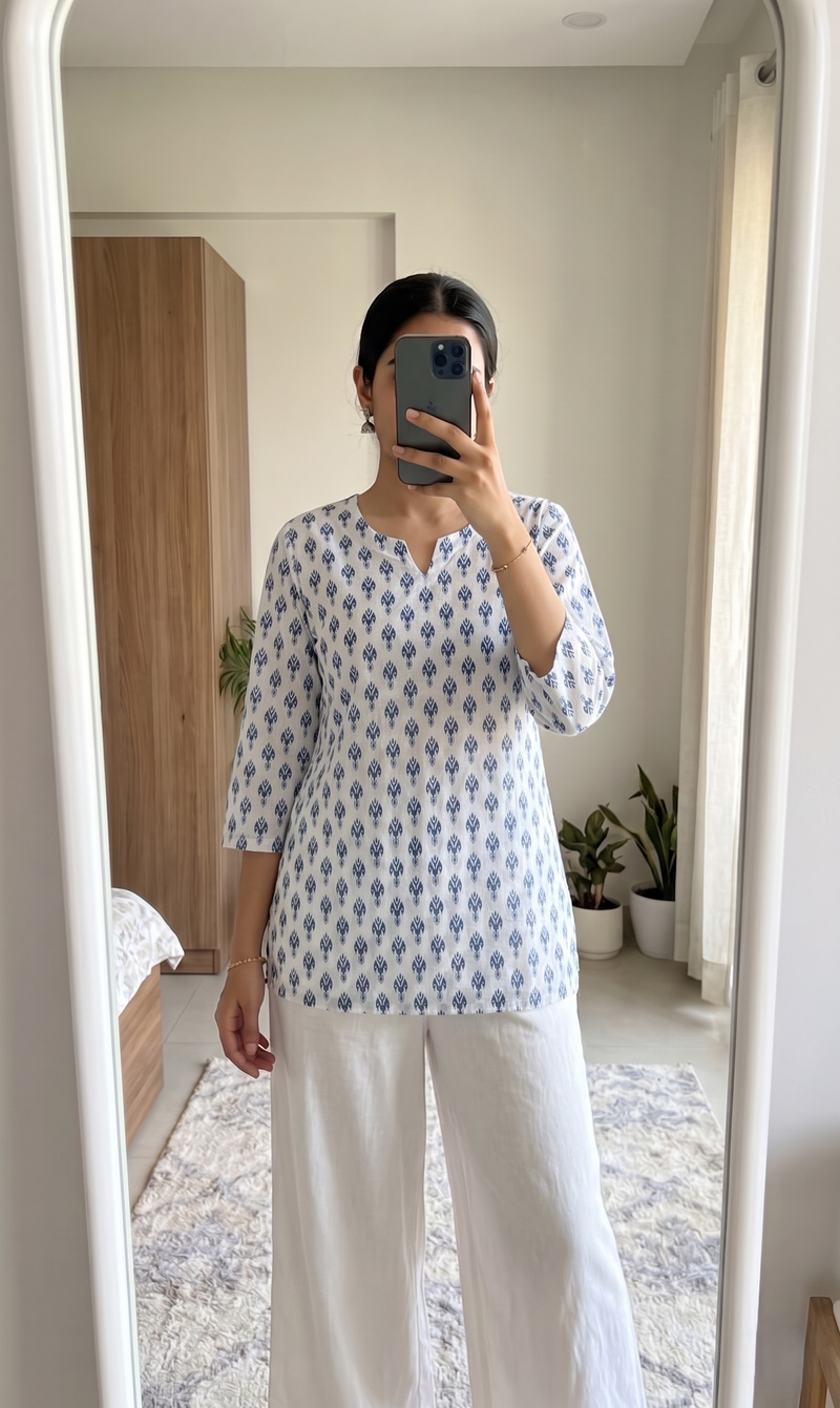 White Blue Booti Printed 3/4 Sleeves Short Kurti