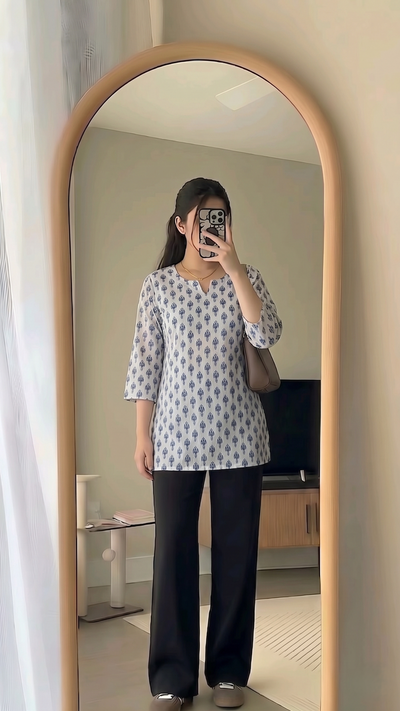 White Blue Booti Printed 3/4 Sleeves Short Kurti