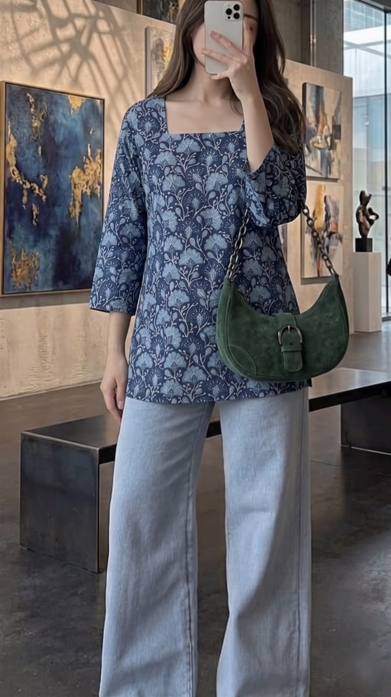 Navy Blue Floral Printed 3/4 Sleeves Square Neck Short Kurti