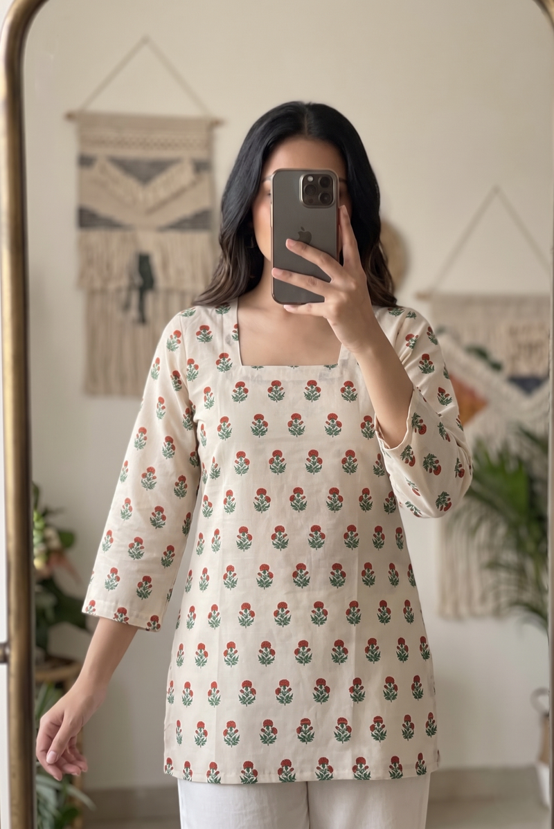 Cream Red Green Floral Booti Printed 3/4 Sleeves Square Neck Short Kurti