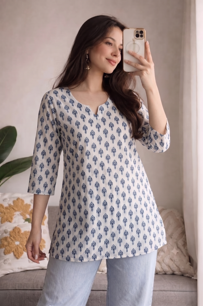 White Blue Booti Printed 3/4 Sleeves Short Kurti