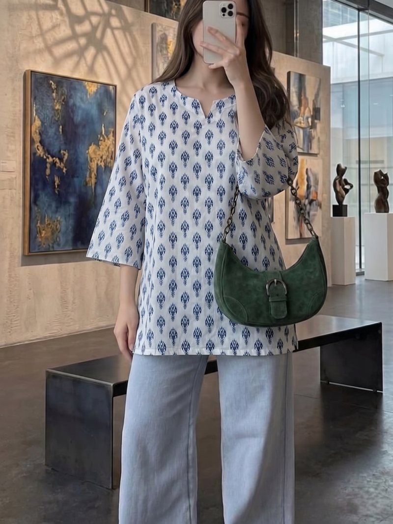 White Blue Booti Printed 3/4 Sleeves Short Kurti