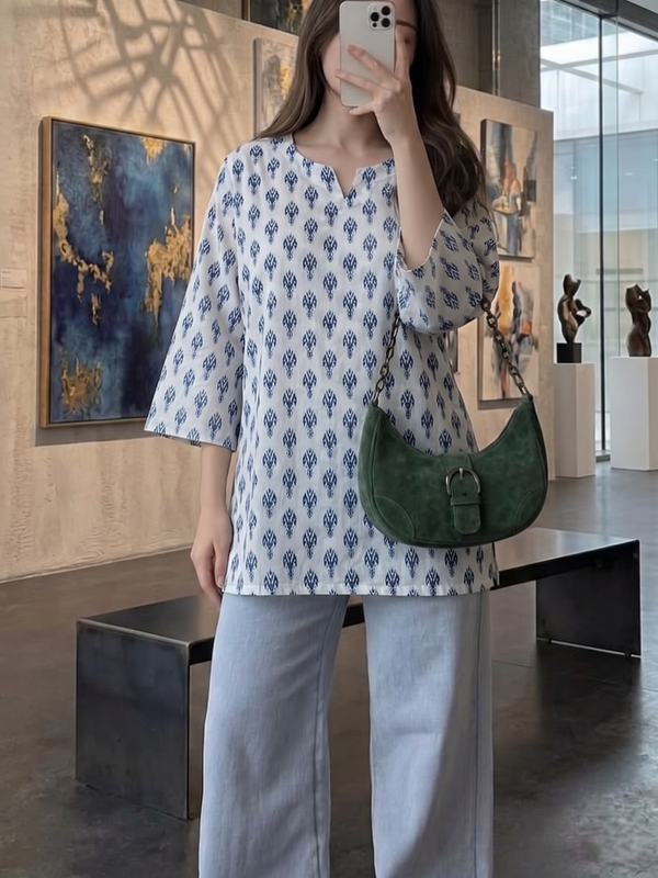 White Blue Booti Printed 3/4 Sleeves Short Kurti