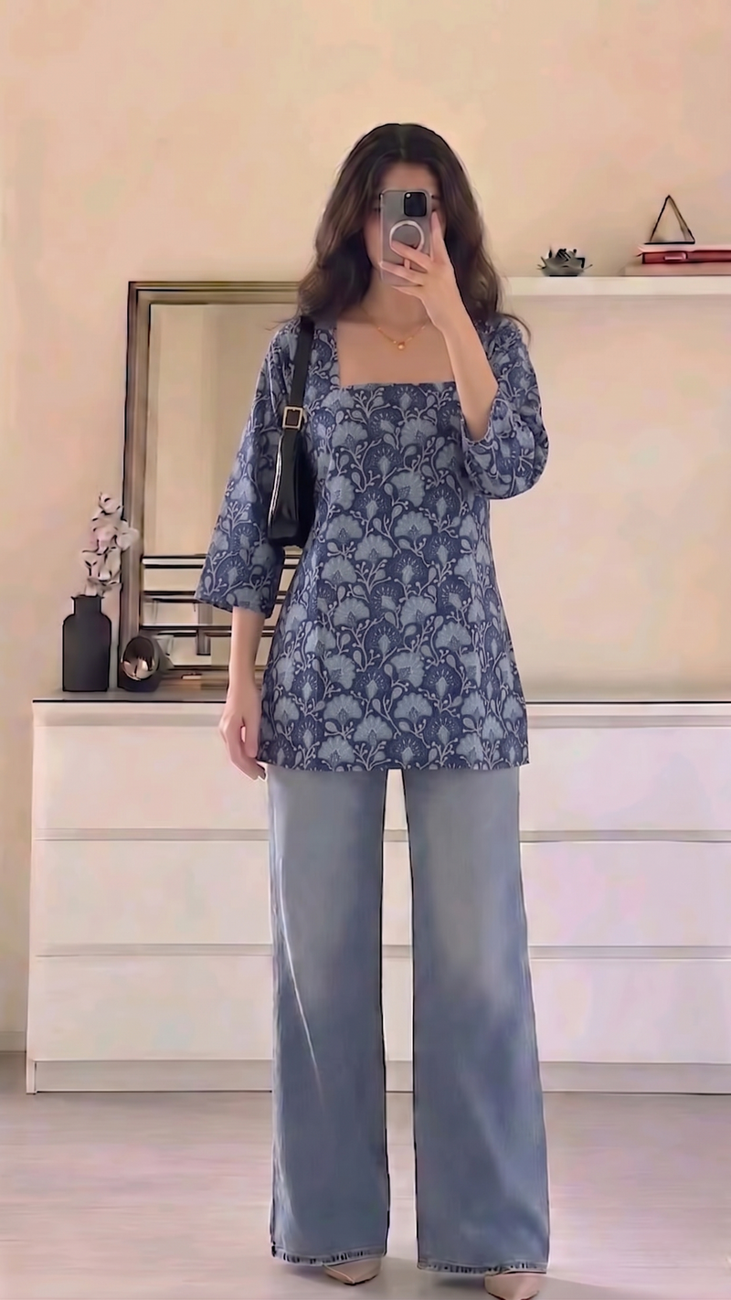 Navy Blue Floral Printed 3/4 Sleeves Square Neck Short Kurti
