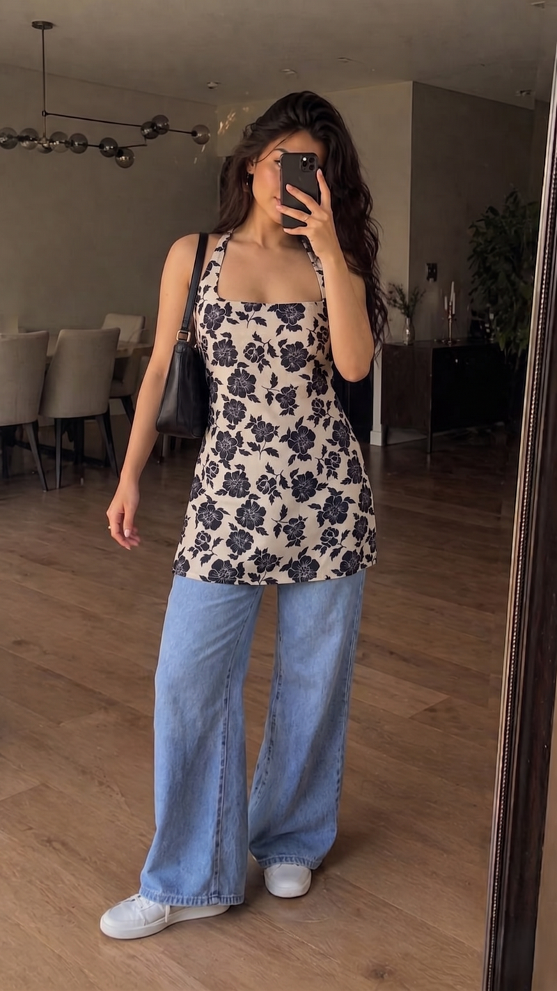Beige Black Floral Printed Sleeveless Square Neck Short Kurti