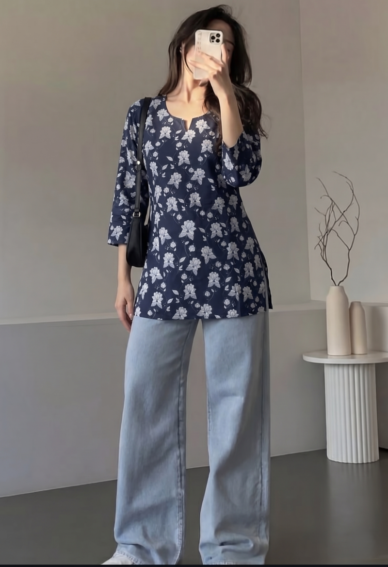 Navy Blue White Floral Printed 3/4 Sleeves Short Kurti