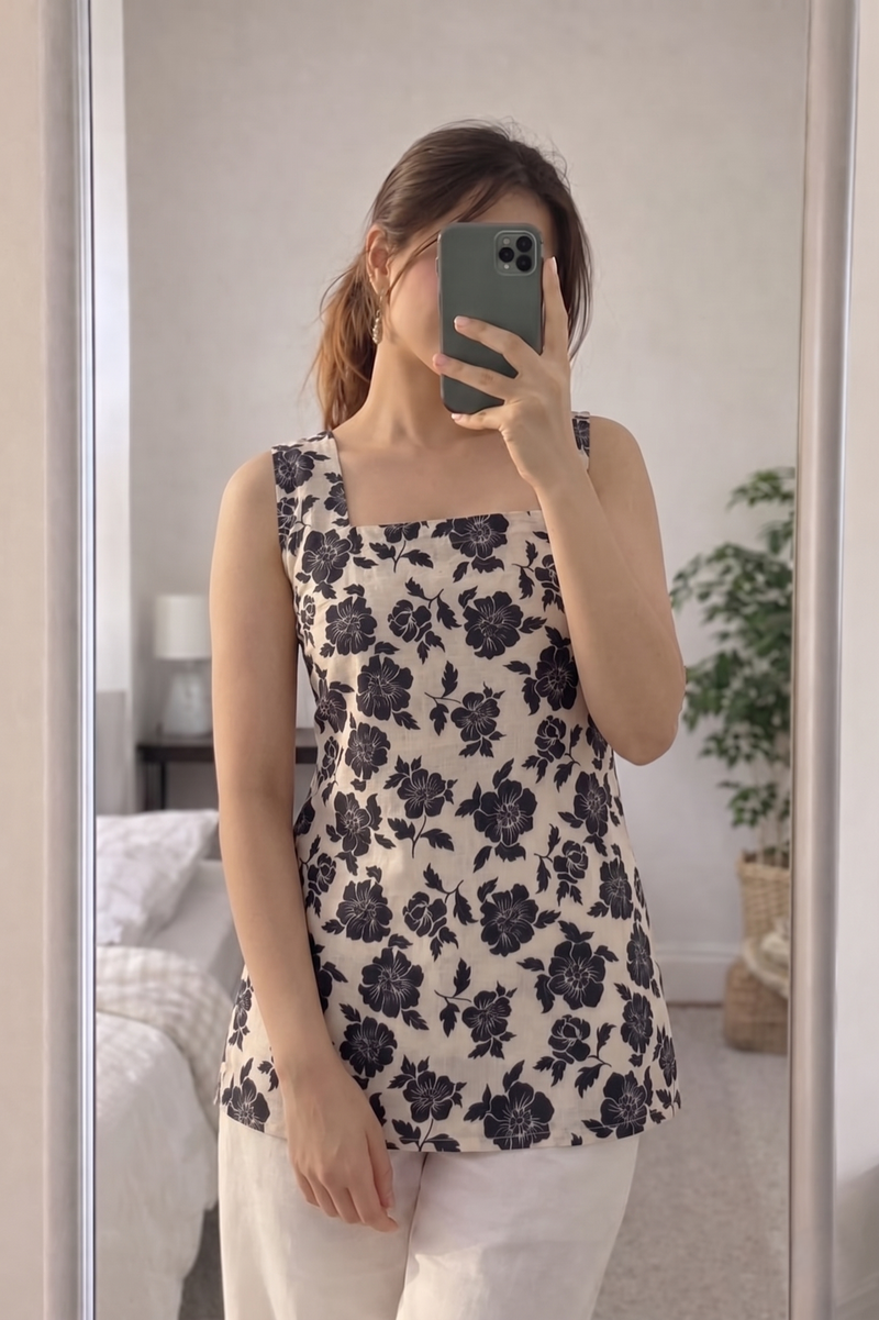 Beige Black Floral Printed Sleeveless Square Neck Short Kurti