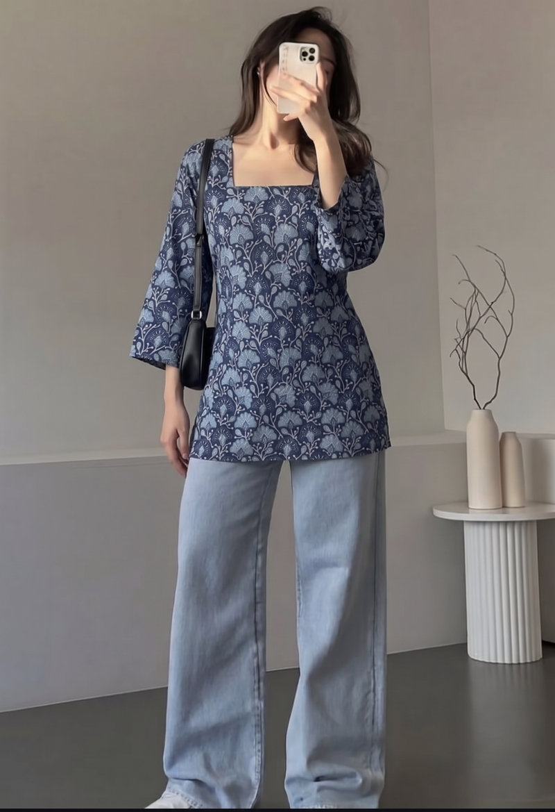 Navy Blue Floral Printed 3/4 Sleeves Square Neck Short Kurti