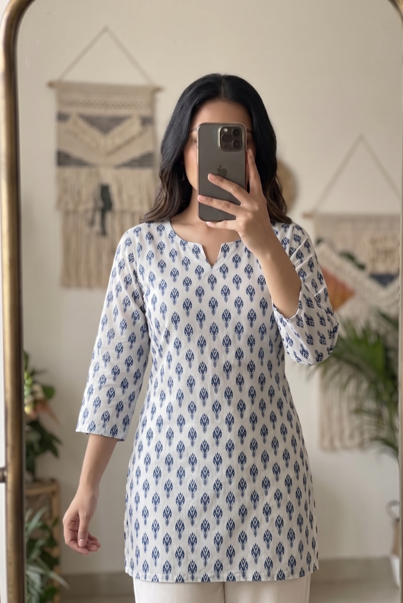 White Blue Booti Printed 3/4 Sleeves Short Kurti