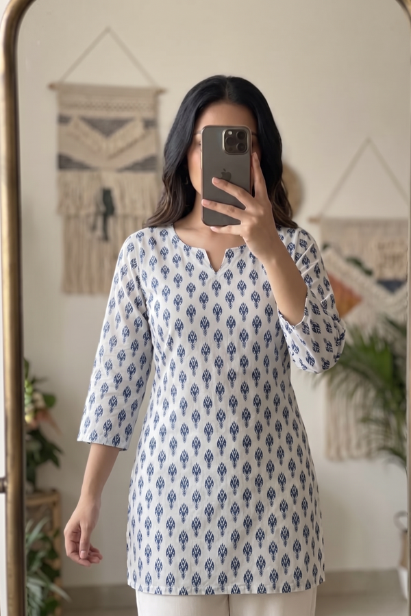 White Blue Booti Printed 3/4 Sleeves Short Kurti