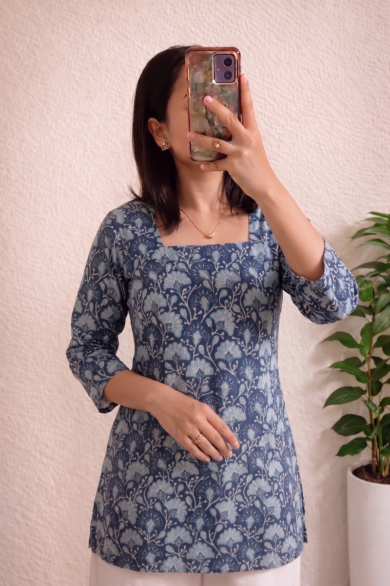 Navy Blue Floral Printed 3/4 Sleeves Square Neck Short Kurti