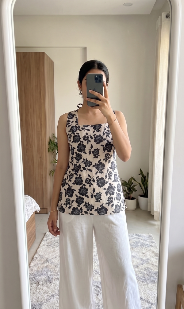 Beige Black Floral Printed Sleeveless Square Neck Short Kurti