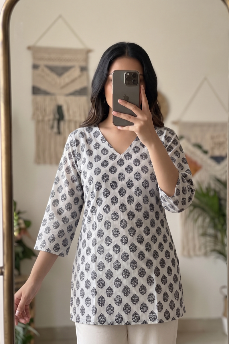 White Black Booti Printed 3/4 Sleeves V-Neck Short Kurti Top