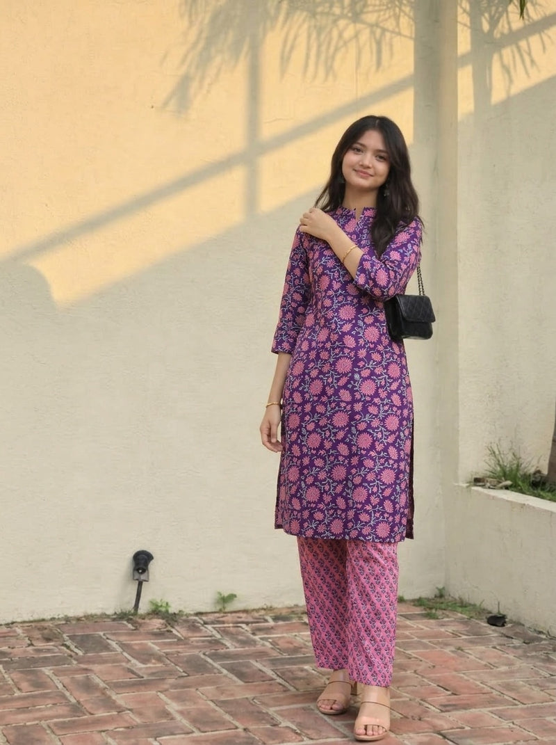 Purple Floral print kurta with pant set